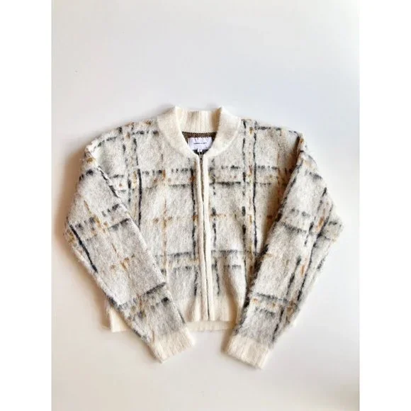 NWT CURRENT/ELLIOTT The Bets White Plaid Mohair Bomber Sweater Jacket, Size 0 - Picture 6 of 13